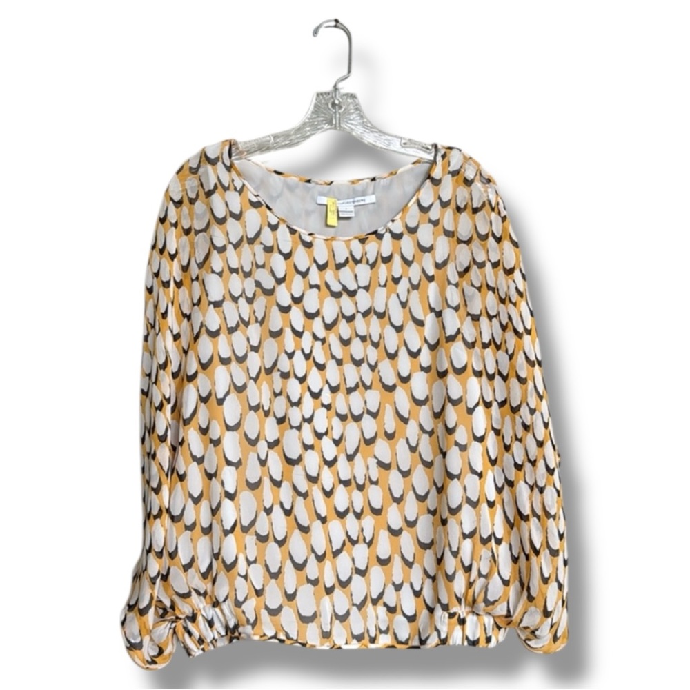 Diane Von Furstenberg The Robyn Top Yellow/Grey/Ivory Silk Pullover Blouse Small - Picture 2 of 16